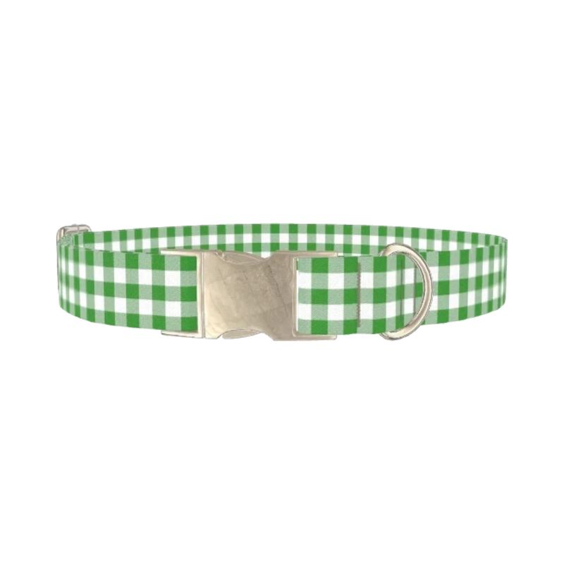 Green Plaid Dog Collar - metal silver