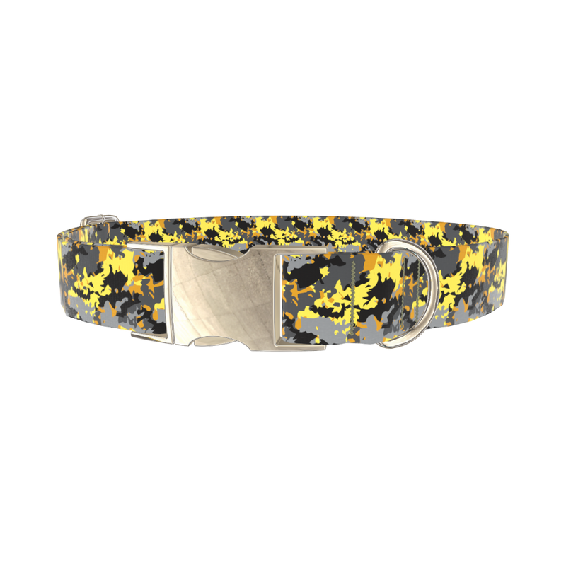 Yellow Grey Camouflage Dog Collar - metal silver