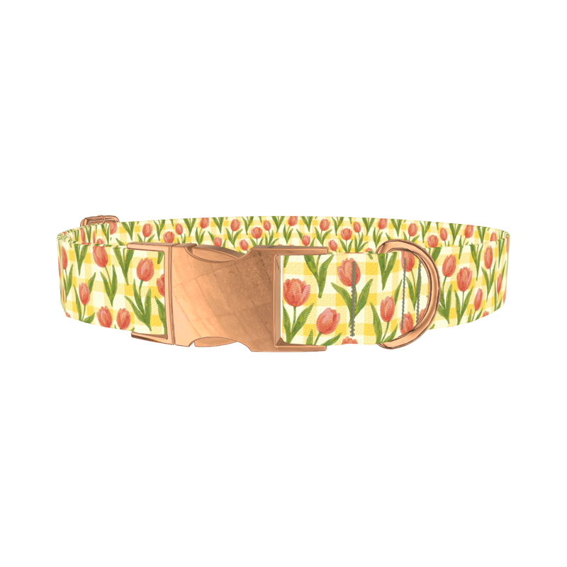 Floral Tulip Plaid Dog Collar - metal rose gold