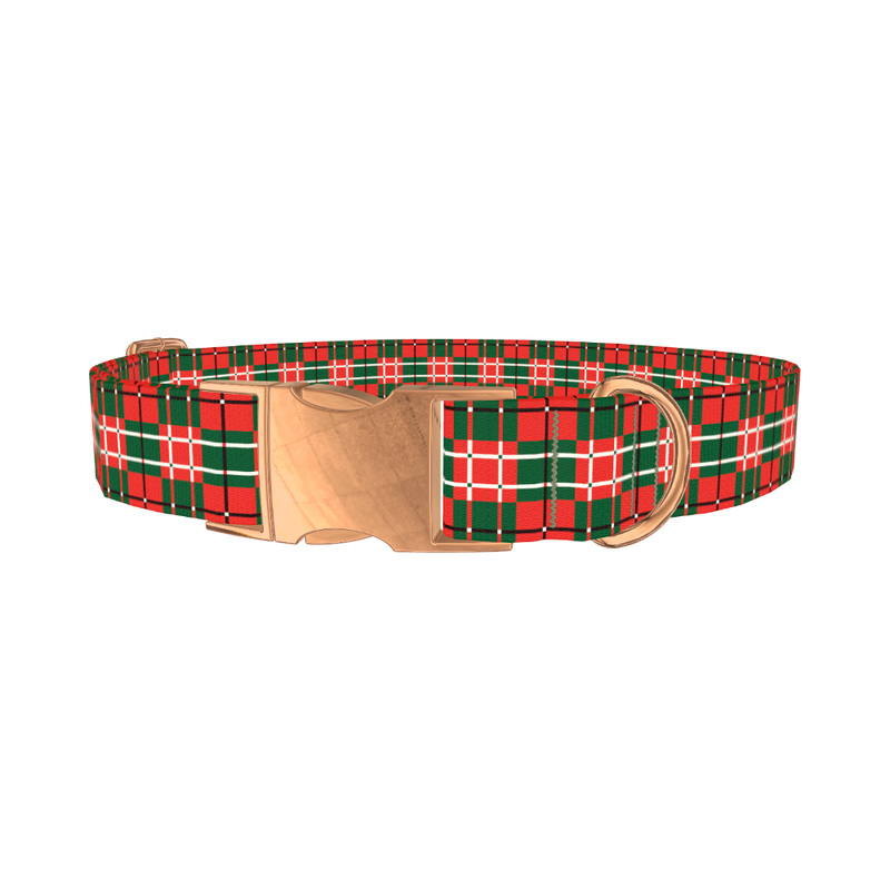 Festive Green Red Plaid Dog Collar - metal rose gold