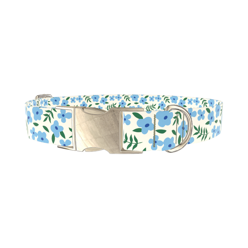 Blue Floral Leaves Dog Collar - metal silver