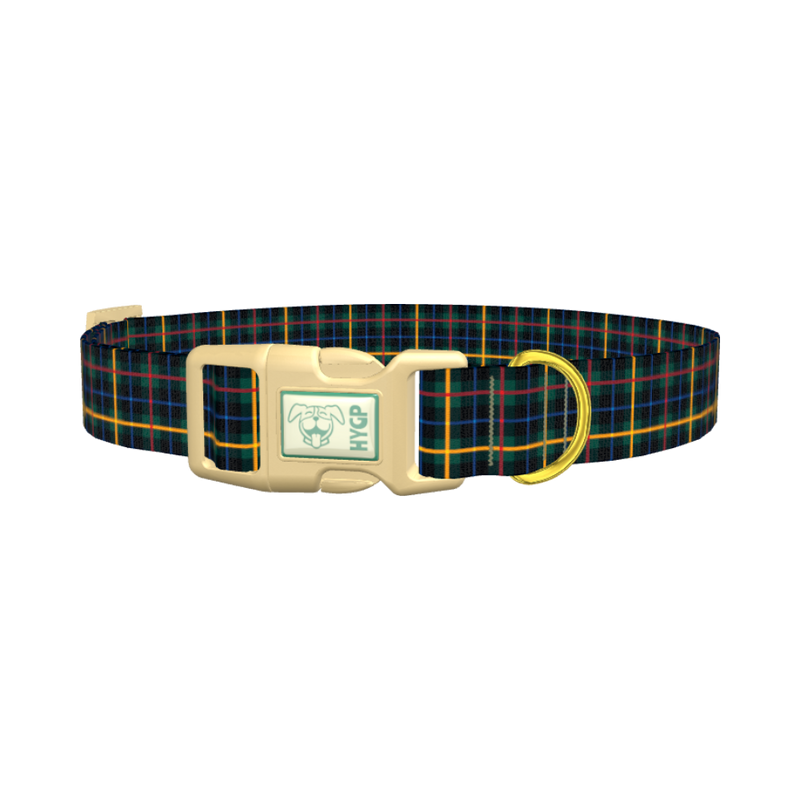 Blue Green Tartan Dog Collar - plastic gold