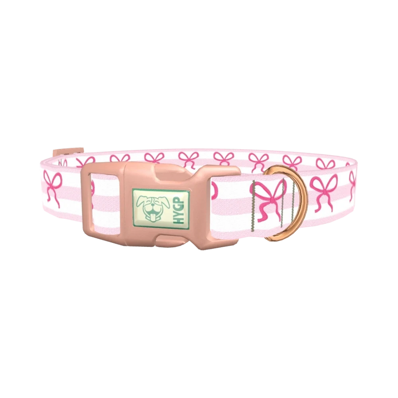 Pink Bow Stripe Dog Collar - plastic rose gold