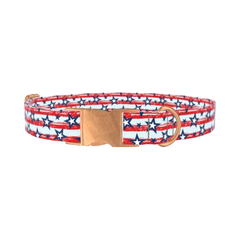 Patriotic Stripes Stars Dog Collar - metal rose gold