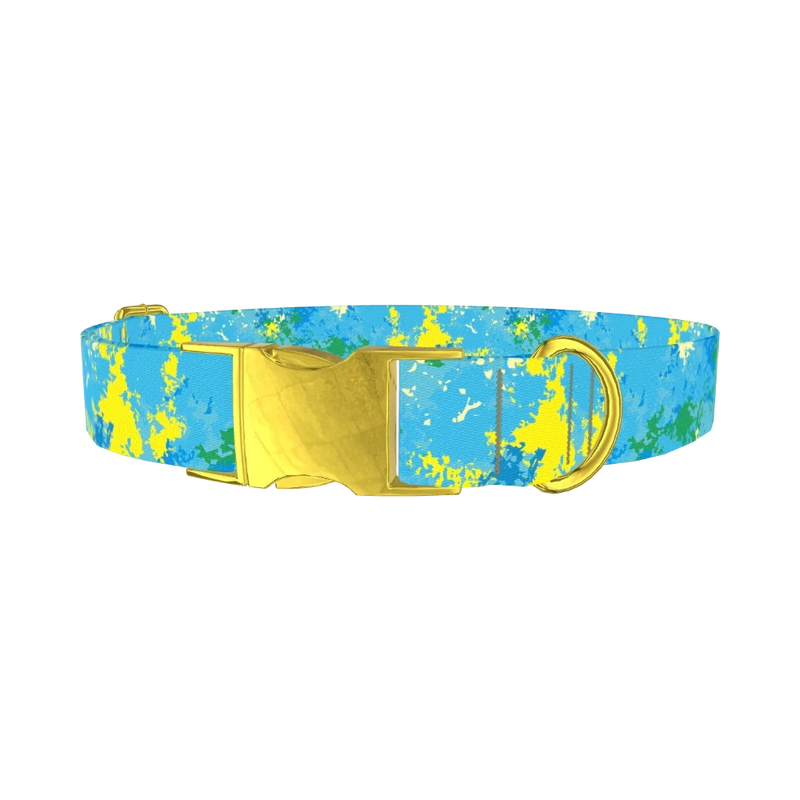 Blue Abstract Splatter Dog Collar - metal gold