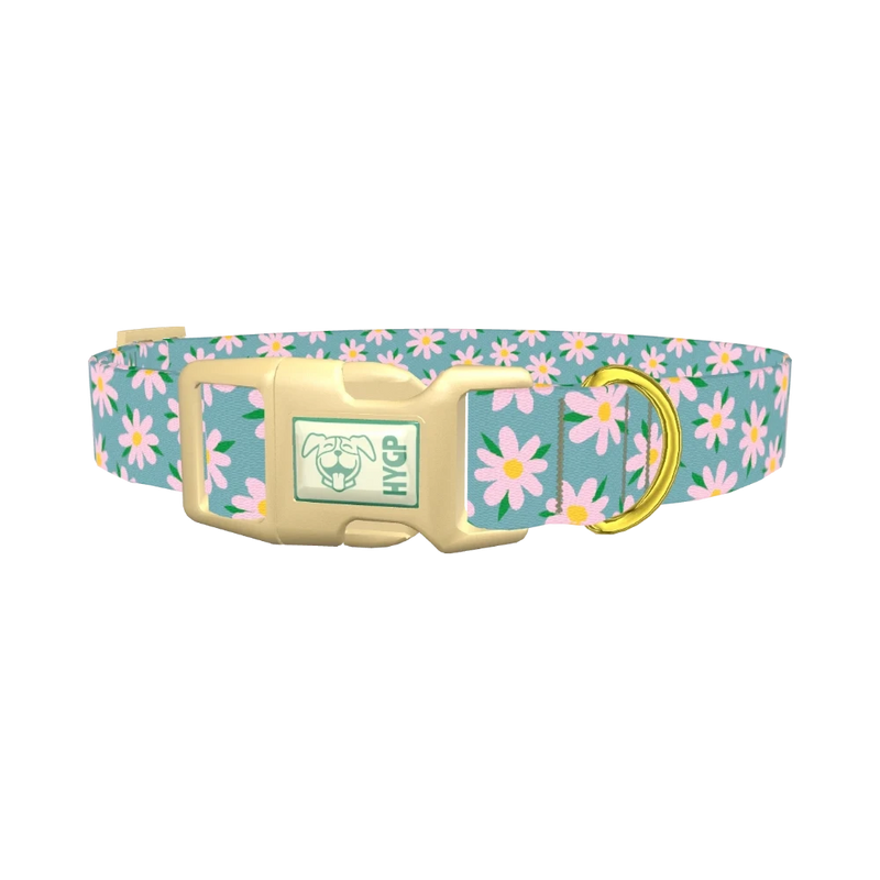 Floral Pink Camomile Dog Collar - plastic gold