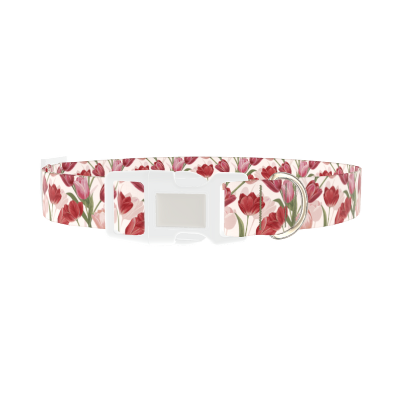Red Pink Tulip Dog Collar - plastic silver