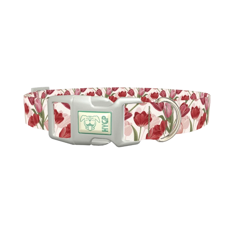 Red Pink Tulip Dog Collar - plastic silver