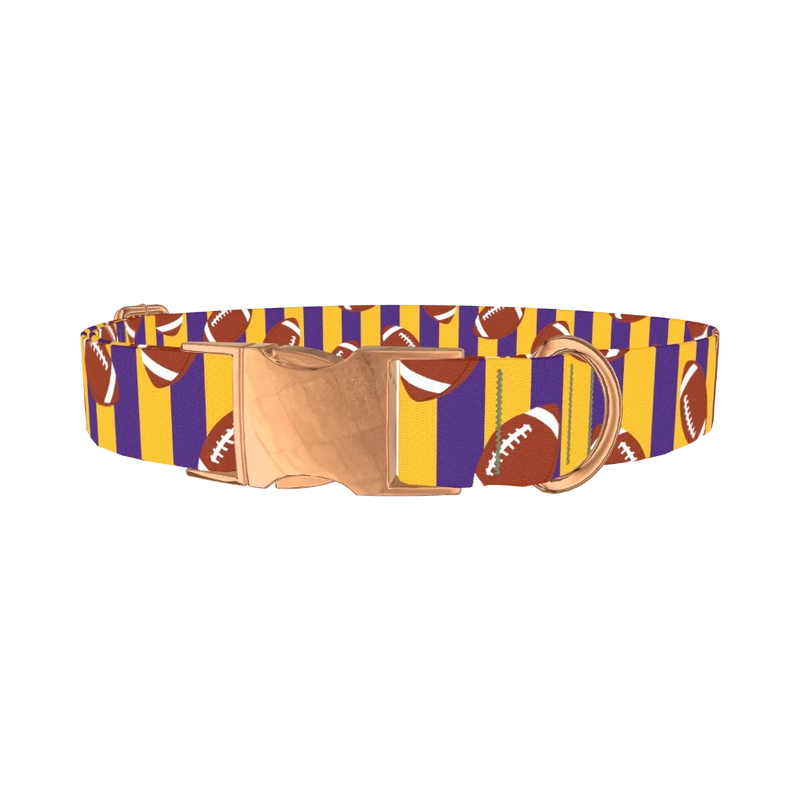 Purple Stripe Football Dog Collar - metal rose gold