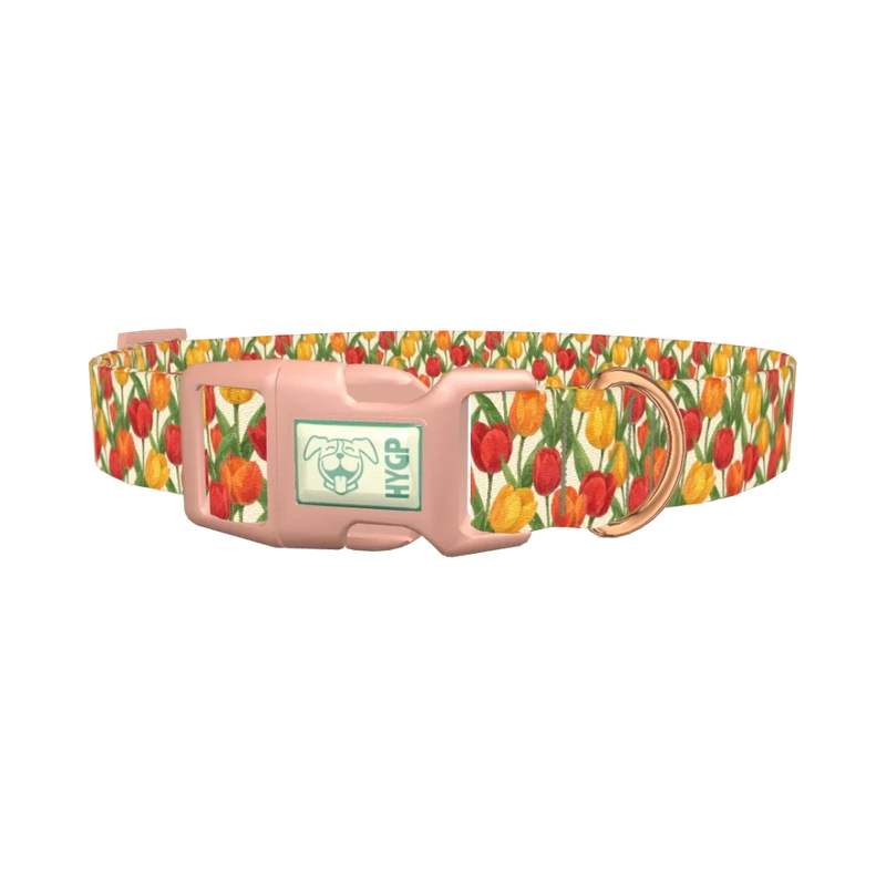 Red Yellow Tulip Pattern Dog Collar - plastic rose gold