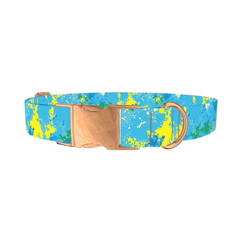 Blue Abstract Splatter Dog Collar - metal rose gold