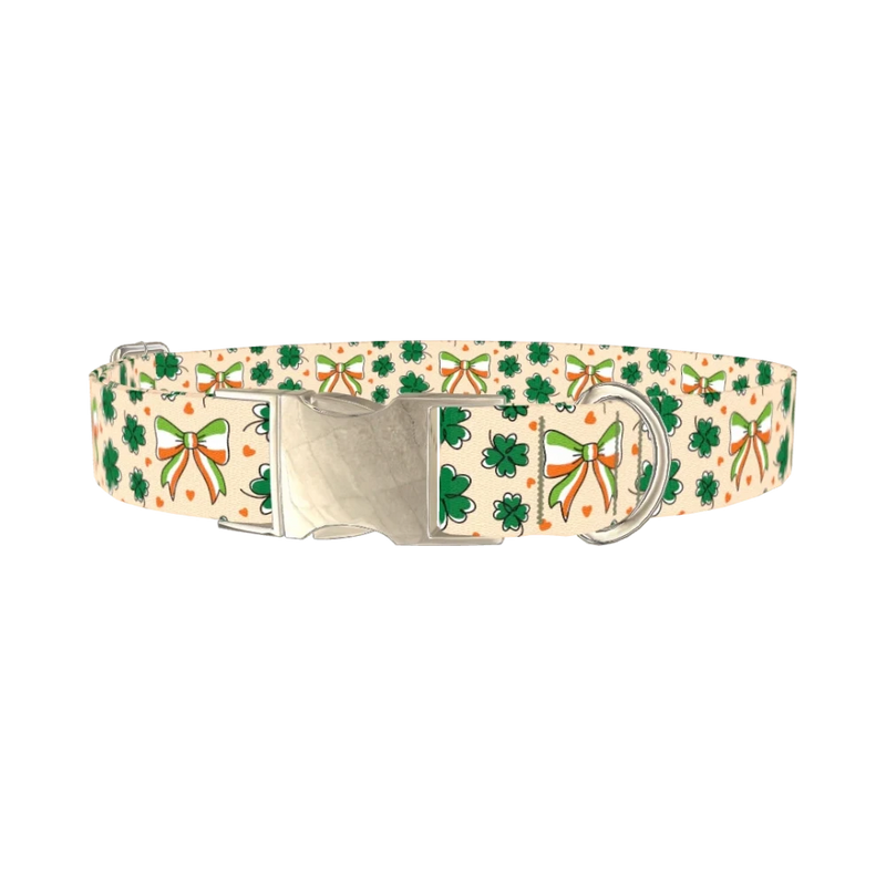 St. Patrick's Clover Bow Dog Collar - metal silver