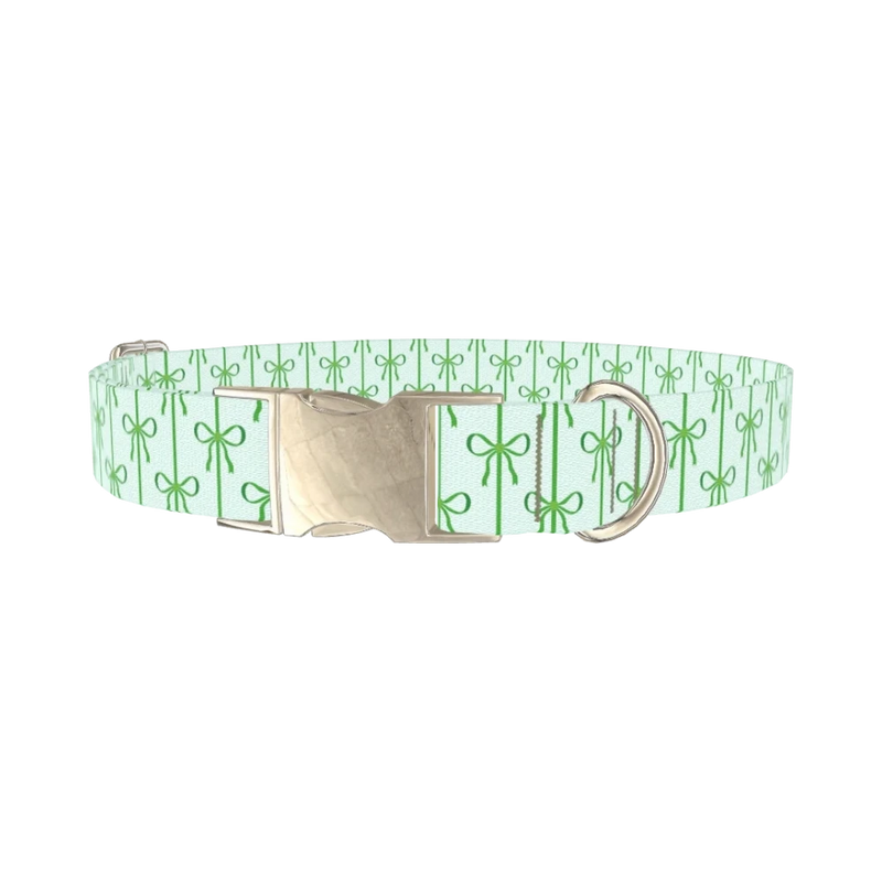 Green Bow Pattern Dog Collar - metal silver