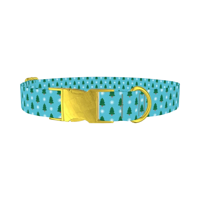 Blue Christmas Trees Dog Collar - metal gold