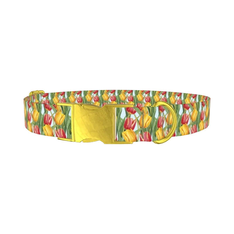 Red Yellow Tulip Dog Collar - metal gold