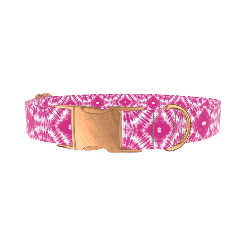 Pink Spiral Tie-Dye Dog Collar - metal silver