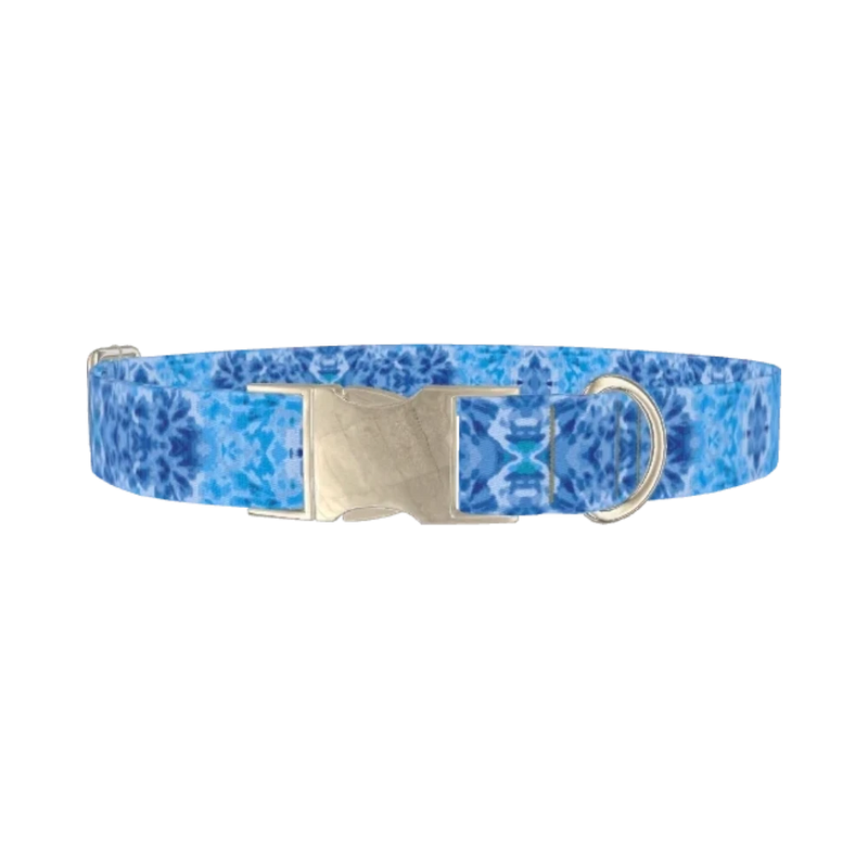 Blue Tie-Dye Swirl Dog Collar - metal silver