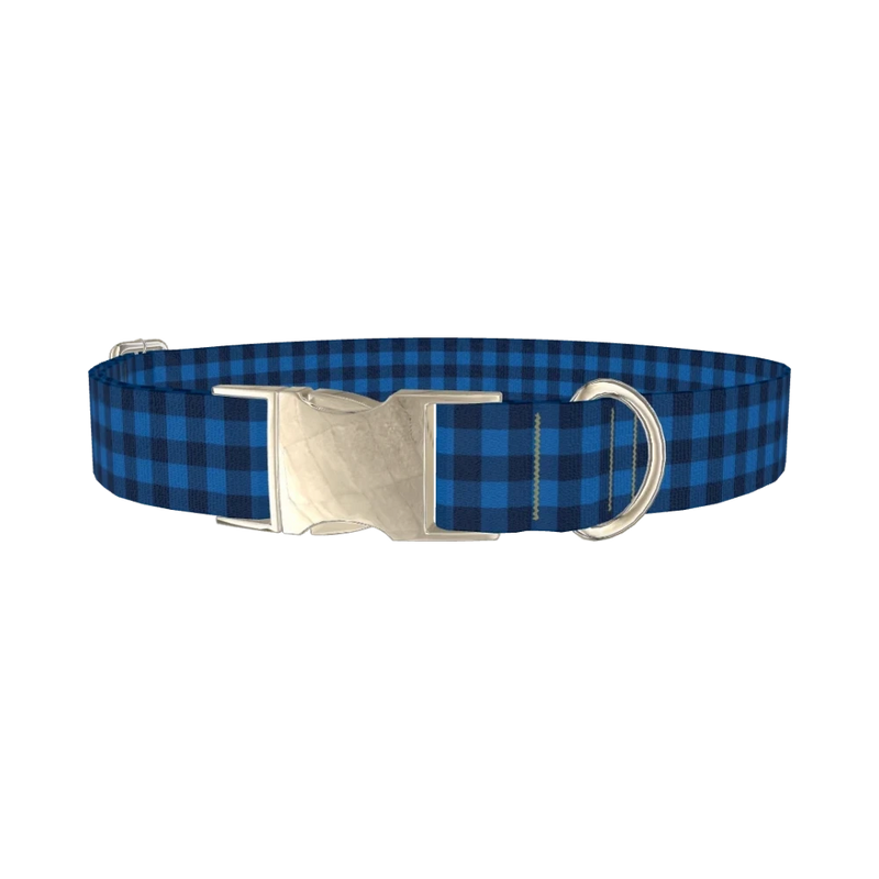 Dark Blue Checkered Dog Collar - metal silver