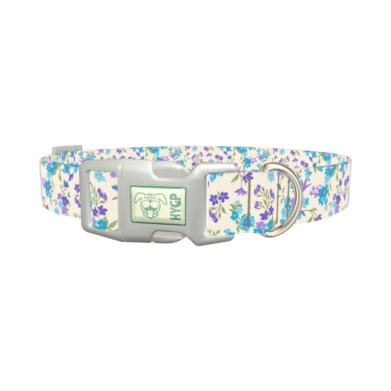 Blue Purple Floral Dog Collar - plastic silver