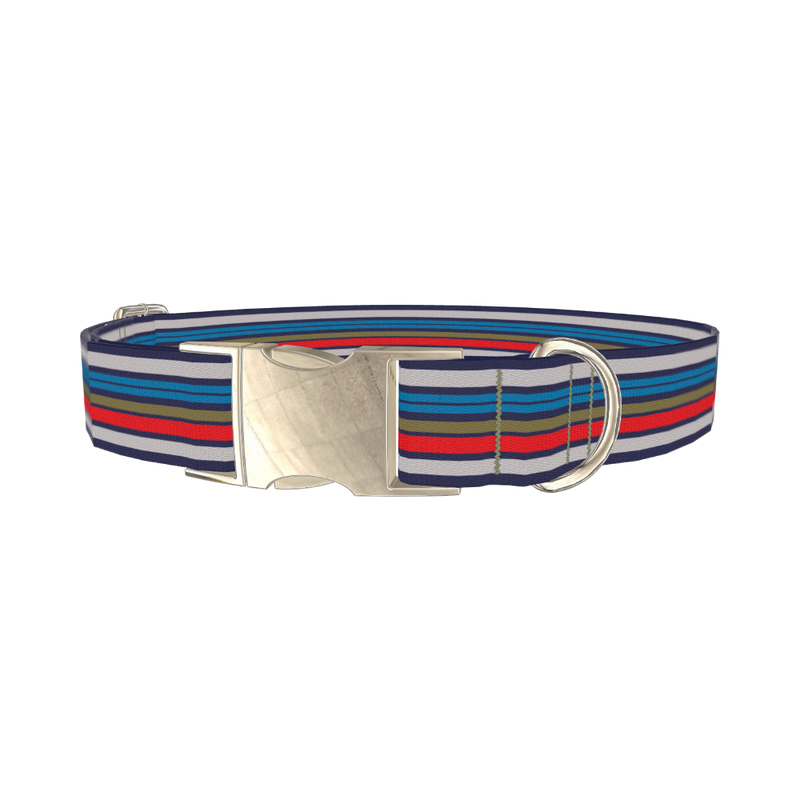 Blue Grey Red Striped Dog Collar - metal silver