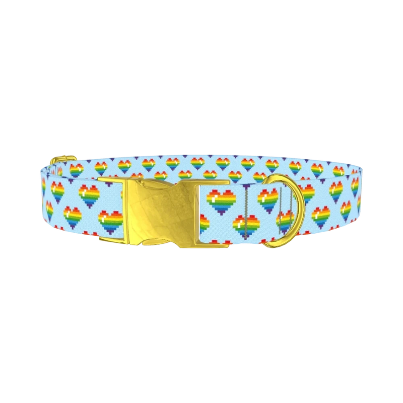 Pixel Rainbow Heart Dog Collar - metal gold