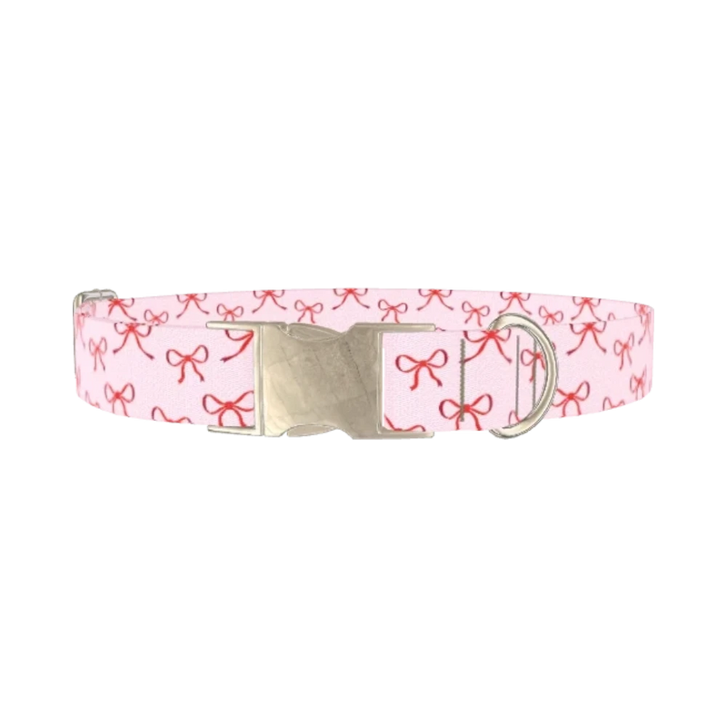 Red Bow Pattern Dog Collar - metal silver