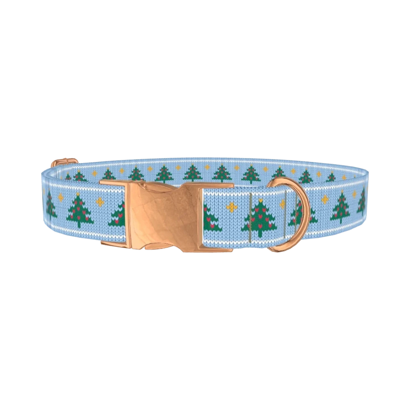 Blue Knitted Christmas Tree Dog Collar - metal rose gold