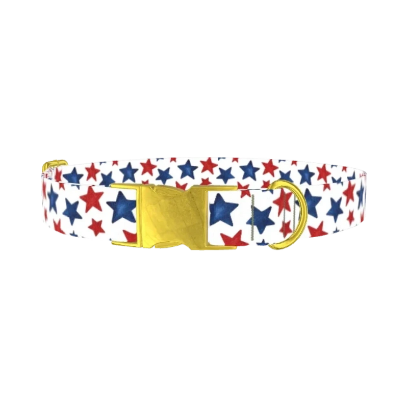 Red Blue Star Pattern Dog Collar - metal gold