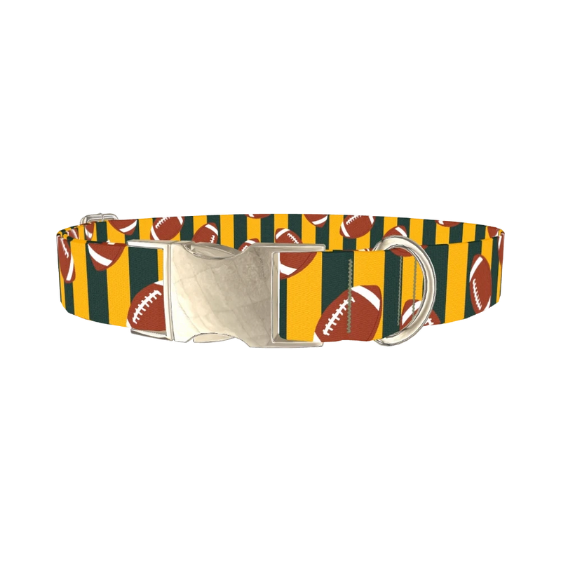 Green Stripe Football Dog Collar - metal silver