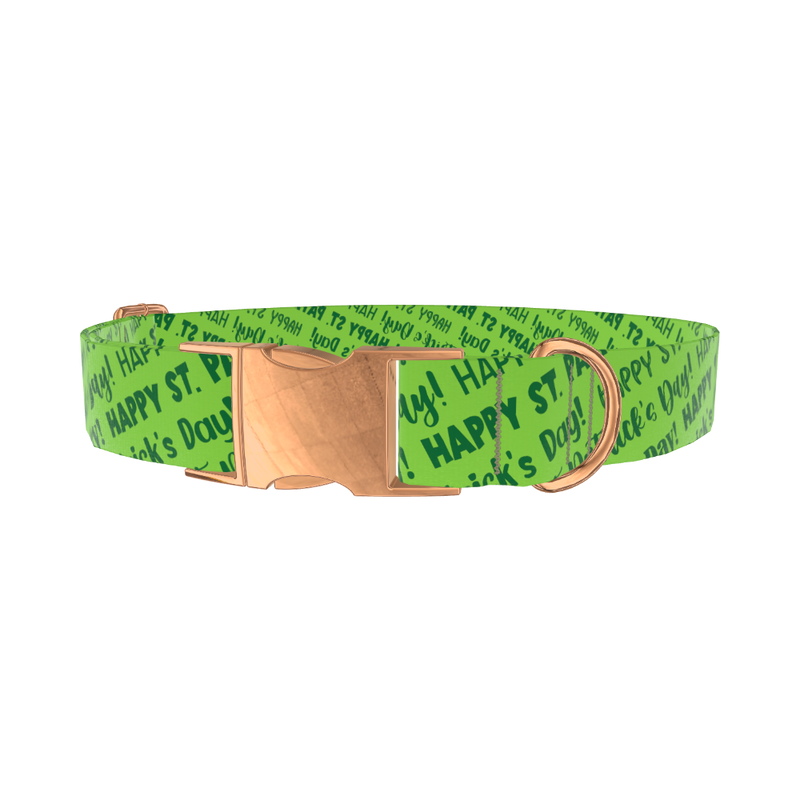 Green St. Patrick's Text Dog Collar - metal silver