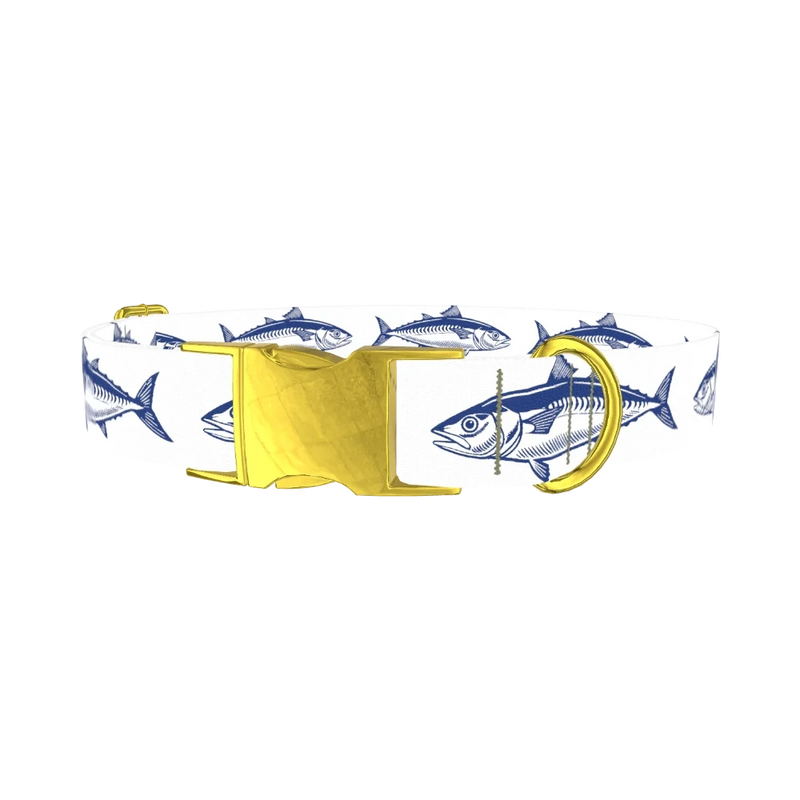 Dark Blue Fish Pattern Dog Collar - metal gold