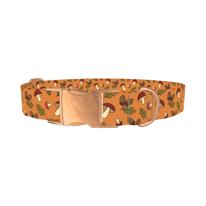 Fall Acorn Mushroom Dog Collar - metal rose gold