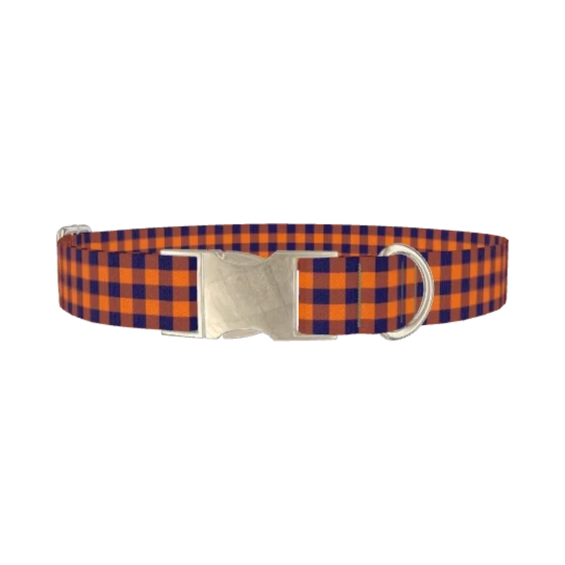 Plaid Orange Dog Collar - metal silver