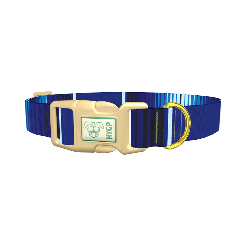 Blue Geometric Stripe Dog Collar - plastic gold