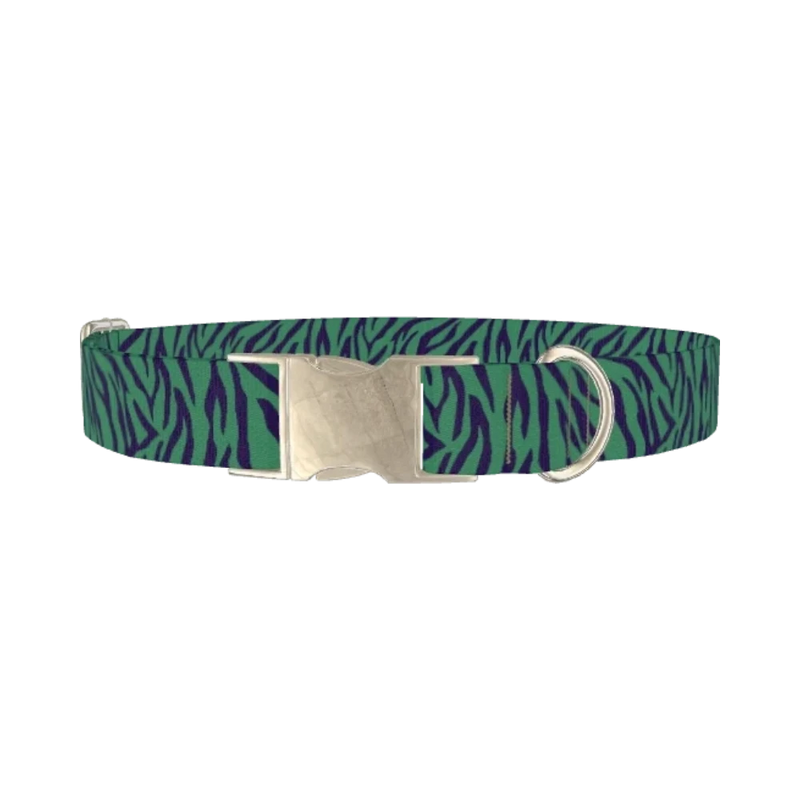 Green Zebra Pattern Dog Collar - metal silver