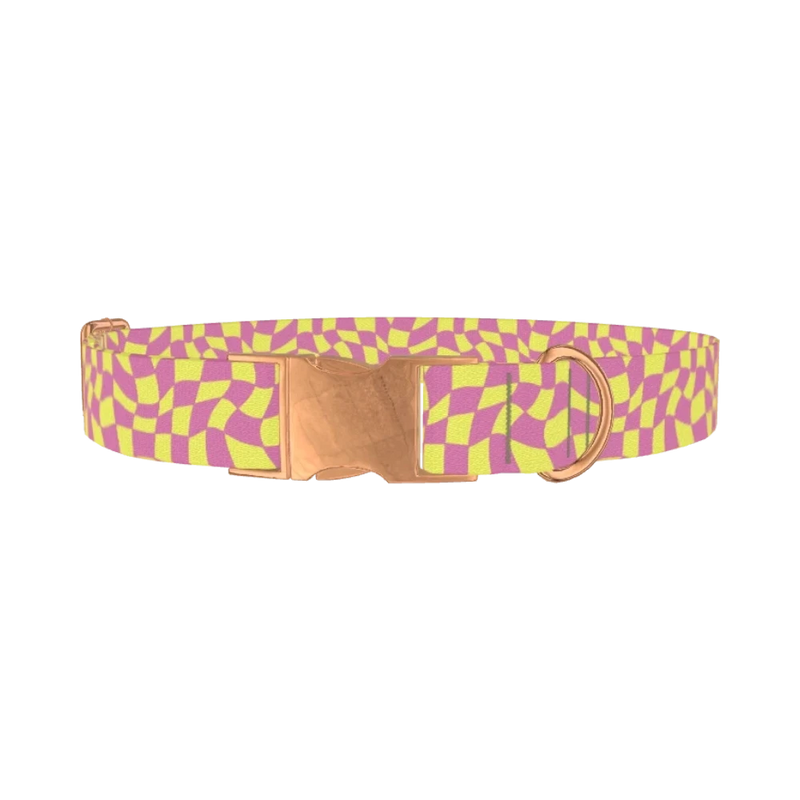 Pink Wavy Check Dog Collar - metal rose gold