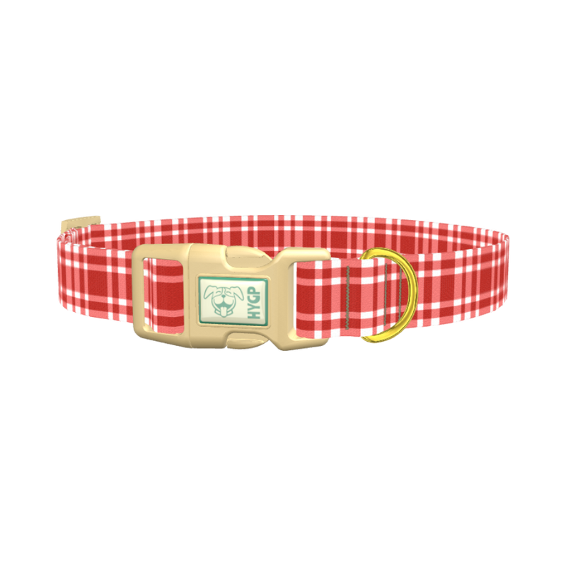 Red Plaid Dog Collar - plastic gold
