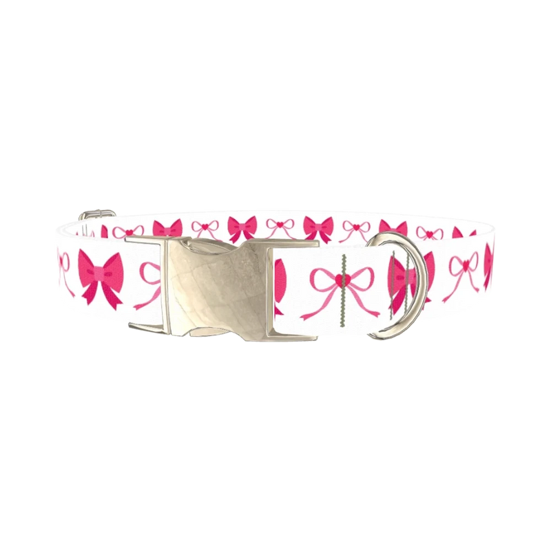 Pink Heart Bow Dog Collar - metal silver