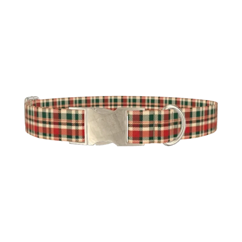 Green Red Tartan Dog Collar - metal silver