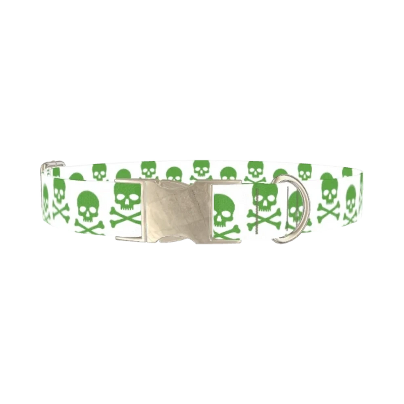 Green Skull Dog Collar - metal silver