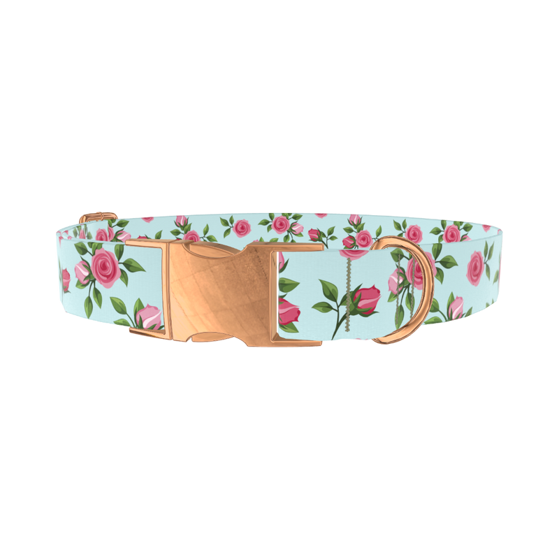 Pink Rose Blossom Dog Collar - metal rose gold