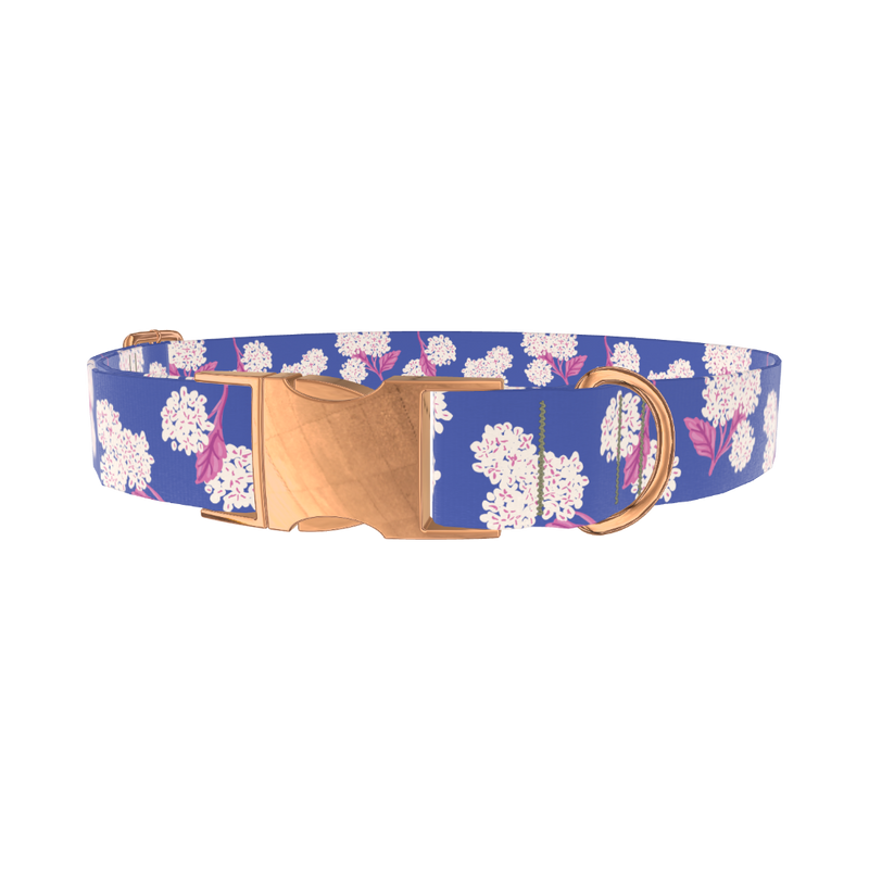 Blue Hydrangea Pattern Dog Collar - metal rose gold