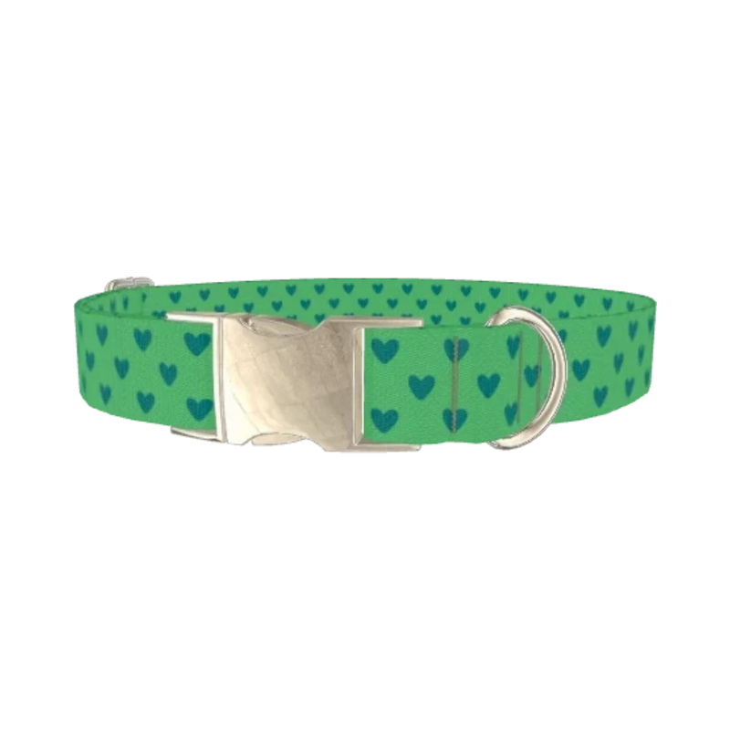 Green Heart Pattern Dog Collar - metal silver