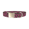 Pink Leopard Print Dog Collar - metal silver