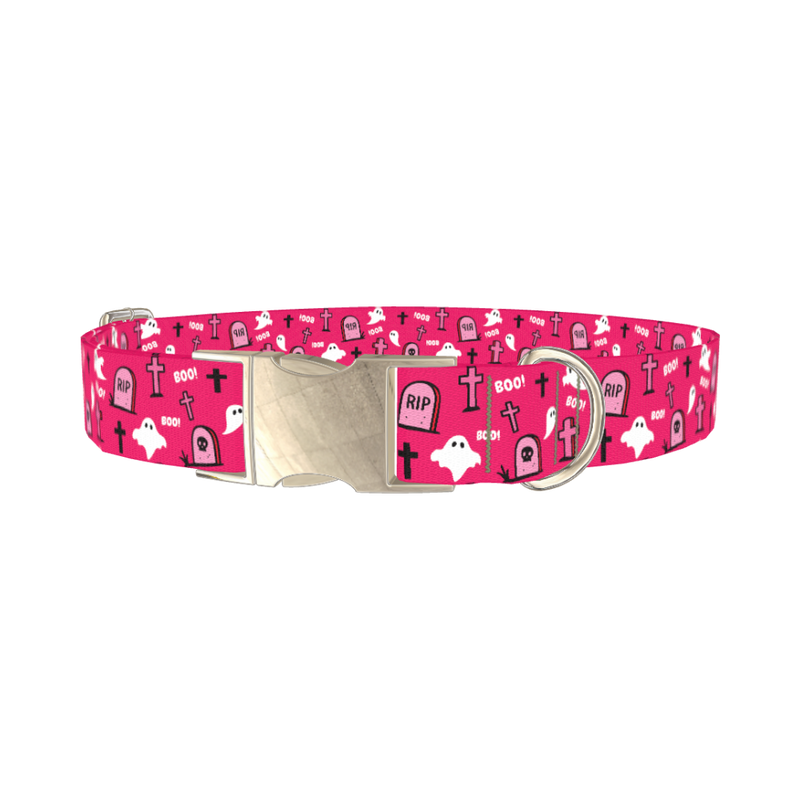 Pink Halloween Graveyard Dog Collar - metal silver