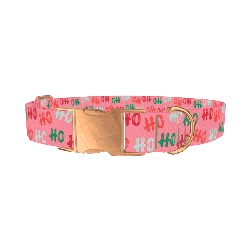 Christmas Ho Ho Pink Dog Collar - metal rose gold