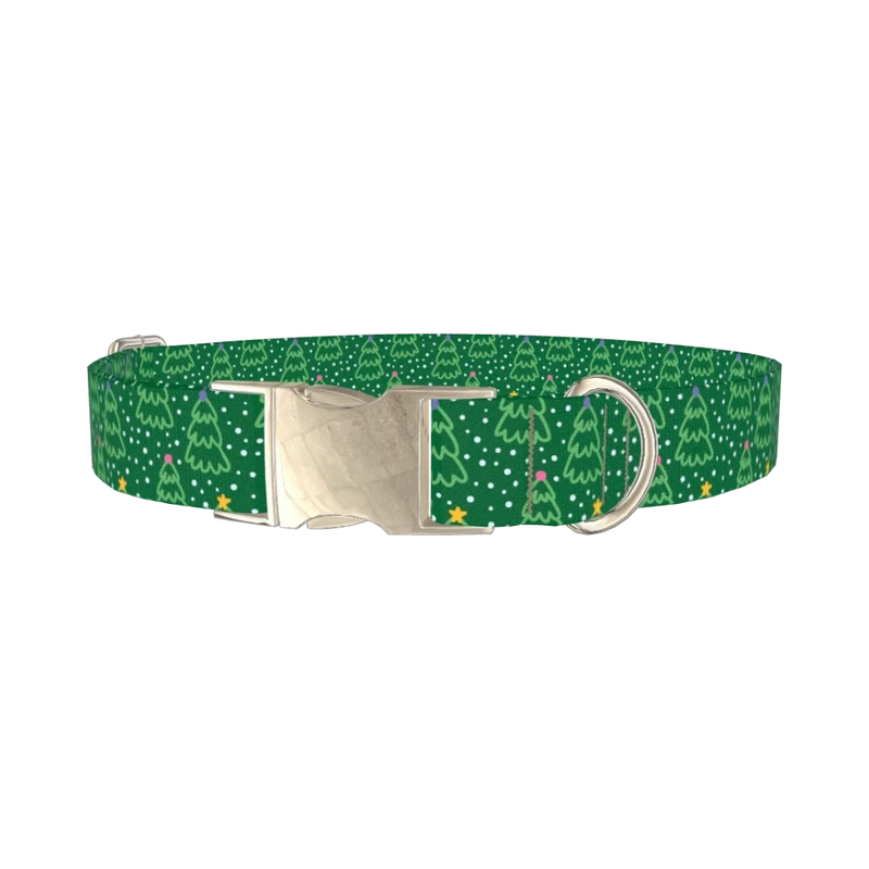 Green Christmas Tree Dog Collar - metal silver