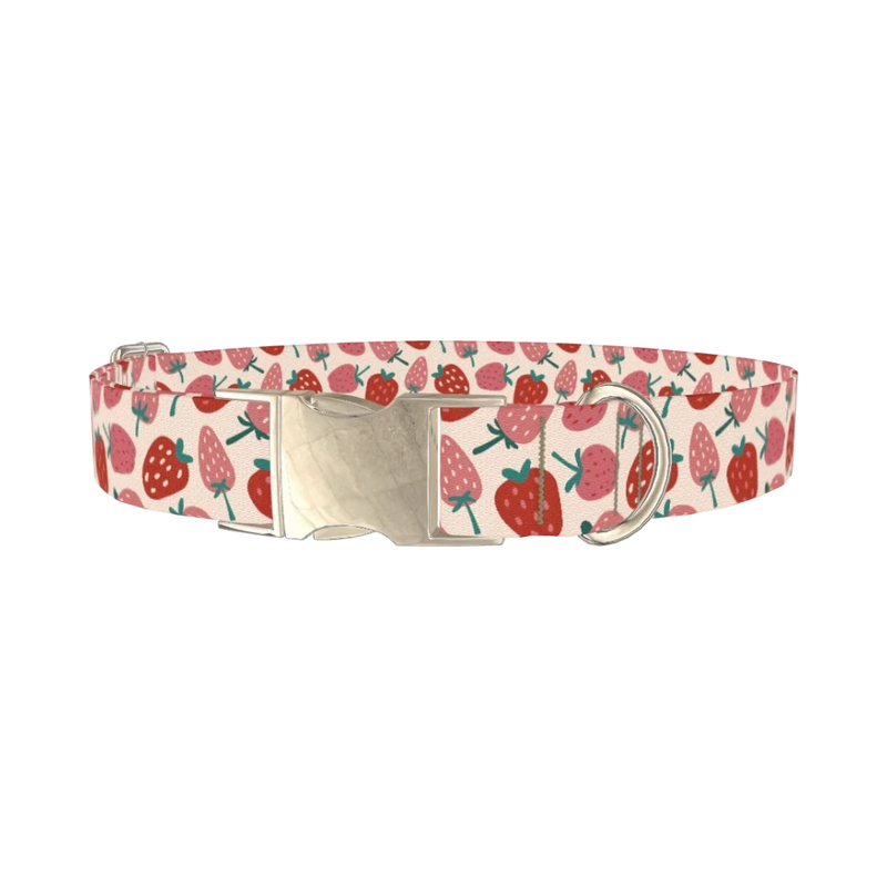 Pink Strawberry Pattern Dog Collar - metal silver