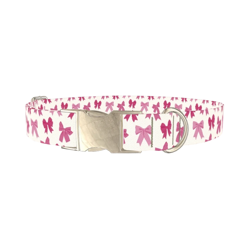Pink Ribbon Bow Dog Collar - metal silver