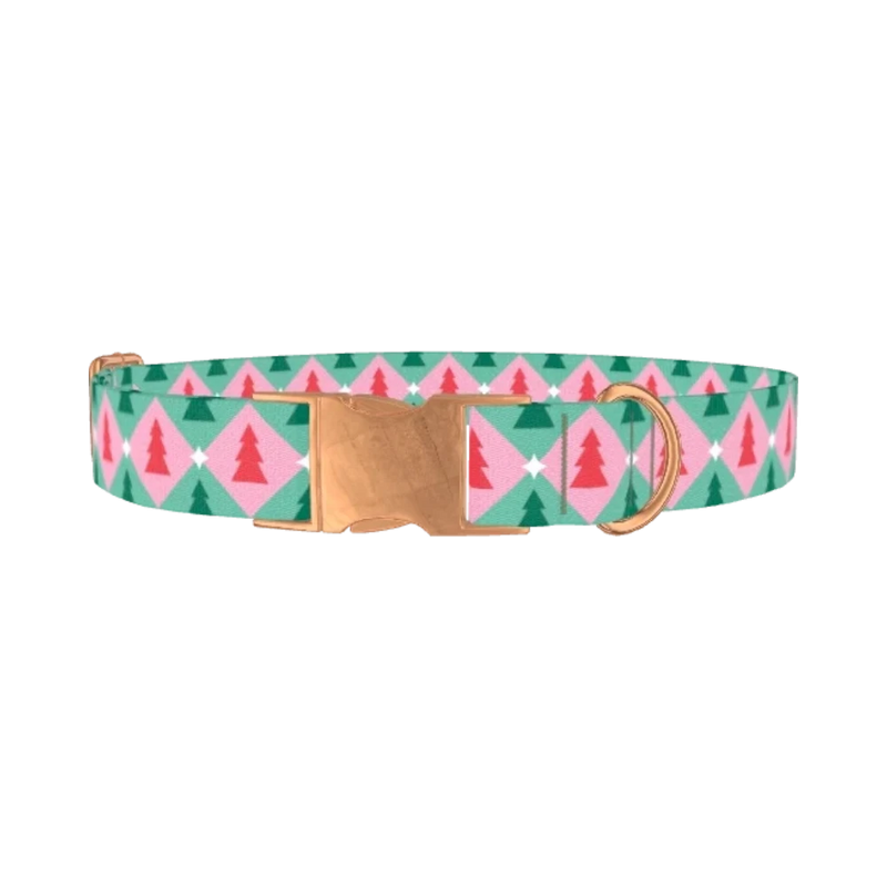 Geometric Pink Green Tree Dog Collar - metal rose gold